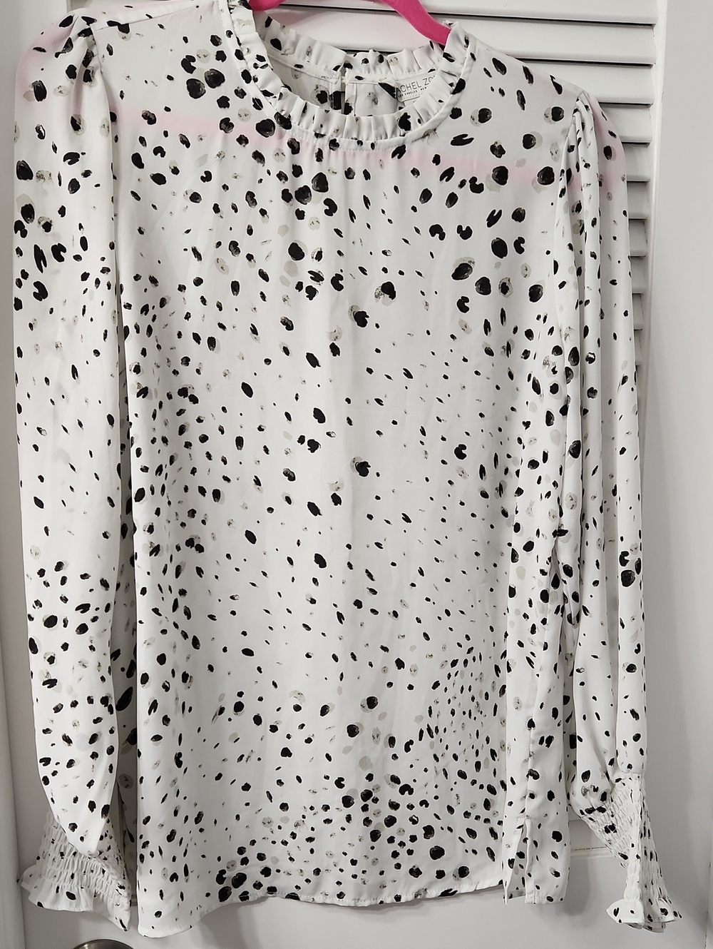 Rachel Zoe White Black Spotted Ruffle-Neck Blouse
